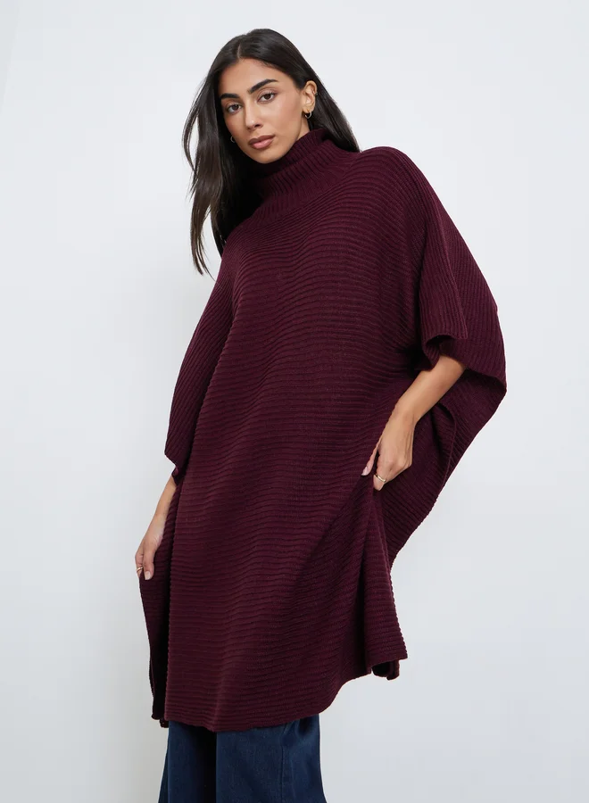 Styli Styli Burgundy Oversized Chunky Knit Cape Sweater