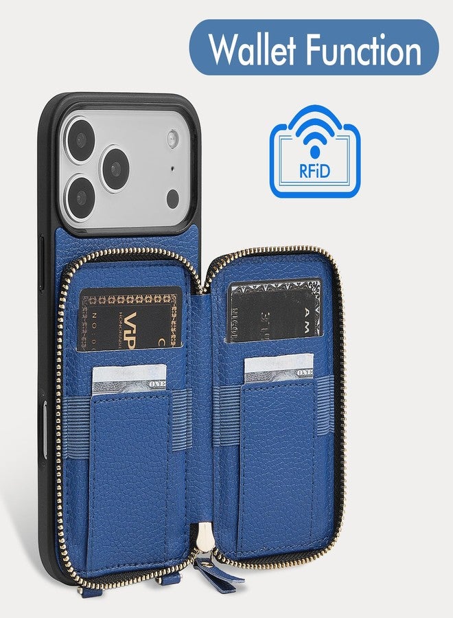 ZVE for iPhone 17 Pro Case Wallet with Crossbody Strap, Card Holder Leather Phone Cover with Wrist Strap 6.3" Navy Blue - Image 2