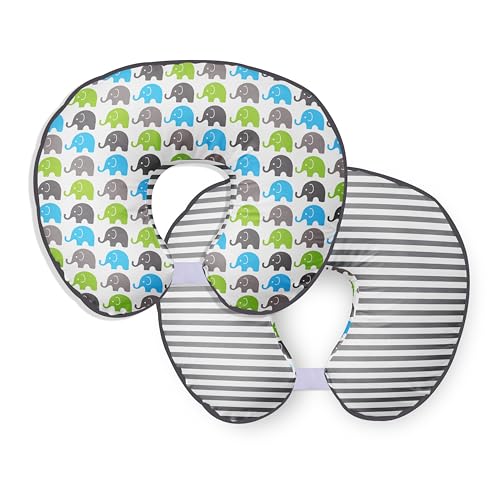Bacati - Elephants Aqua/Lime/Grey Nursing Pillow Cover Ultra-Soft 100% Cotton Fabric in a Fashionable Two-Sided Design, Fits All Hugster Nursing Pillows and Positioners - Image 1