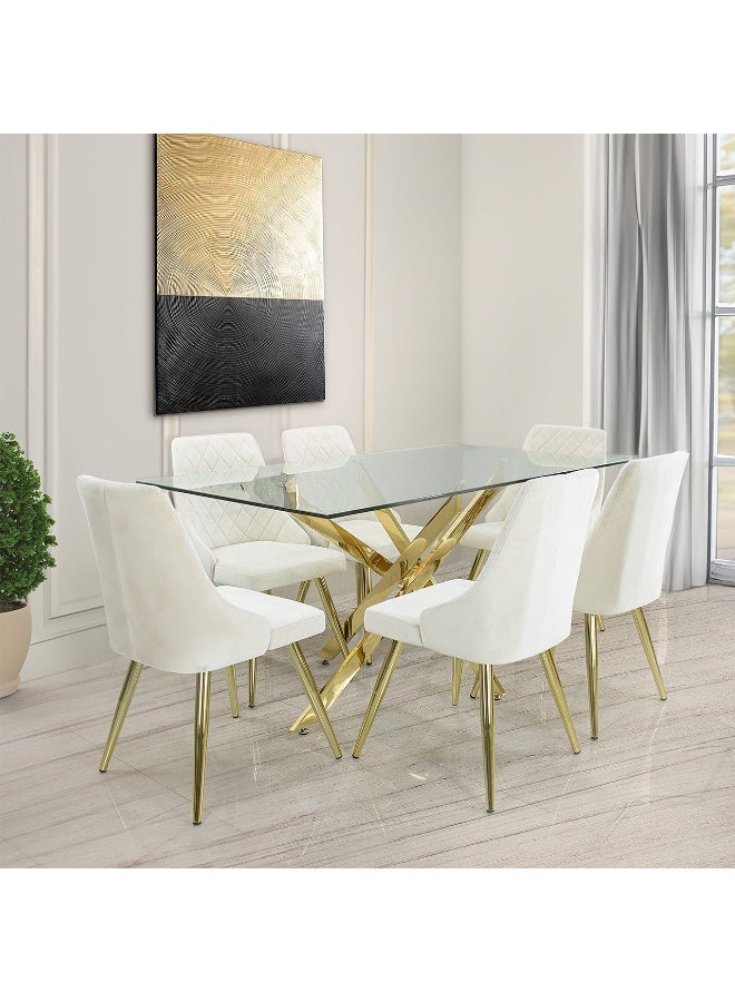 VANITY LIVING Dining Table Set 6 Seater – Davos Gold Large with Milan Cream Velvet Gold Chairs, Modern Rectangular Tempered Glass Top & Stainless Steel Gold Base – Elegant Dining Room Furniture - Image 3