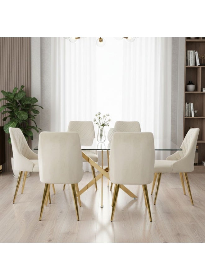 VANITY LIVING Dining Table Set 6 Seater – Davos Gold Large with Milan Cream Velvet Gold Chairs, Modern Rectangular Tempered Glass Top & Stainless Steel Gold Base – Elegant Dining Room Furniture - Image 2
