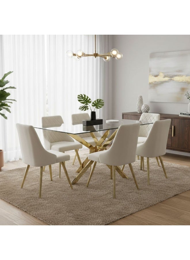 VANITY LIVING Dining Table Set 6 Seater – Davos Gold Large with Milan Cream Velvet Gold Chairs, Modern Rectangular Tempered Glass Top & Stainless Steel Gold Base – Elegant Dining Room Furniture - Image 1