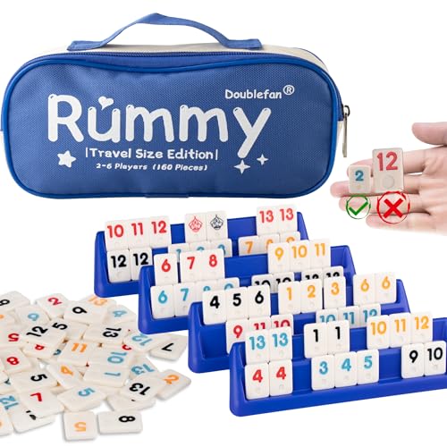 Doublefan Mini Rummy Cube Game Mini Size Rummy Set with Portable Canvas Bag Small Travel Board Game for Adult and Kids160 Tiles 6 Playing Rack 1 Dice 26 Players - Image 1