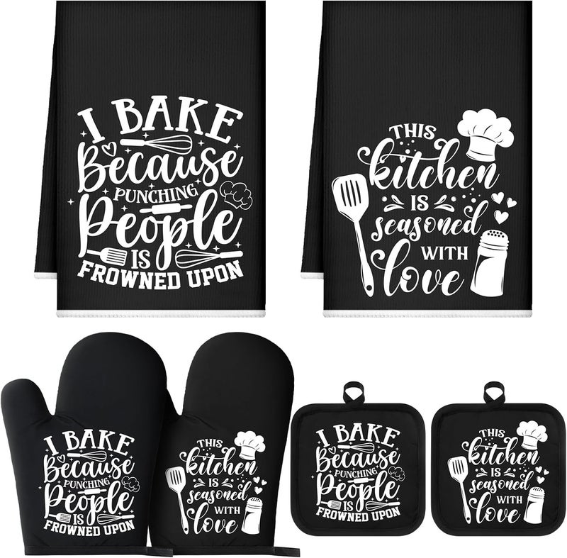 Sratte 6 Pcs Kitchen Decor Accessories Set Farmhouse Towels Pot Holders Oven Mitts Set 2 Dish Towels 2 Potholders 2 Cooking Mittens Oven Glove for Christmas Baking Cooking Supply(Black,Baking) - Image 1