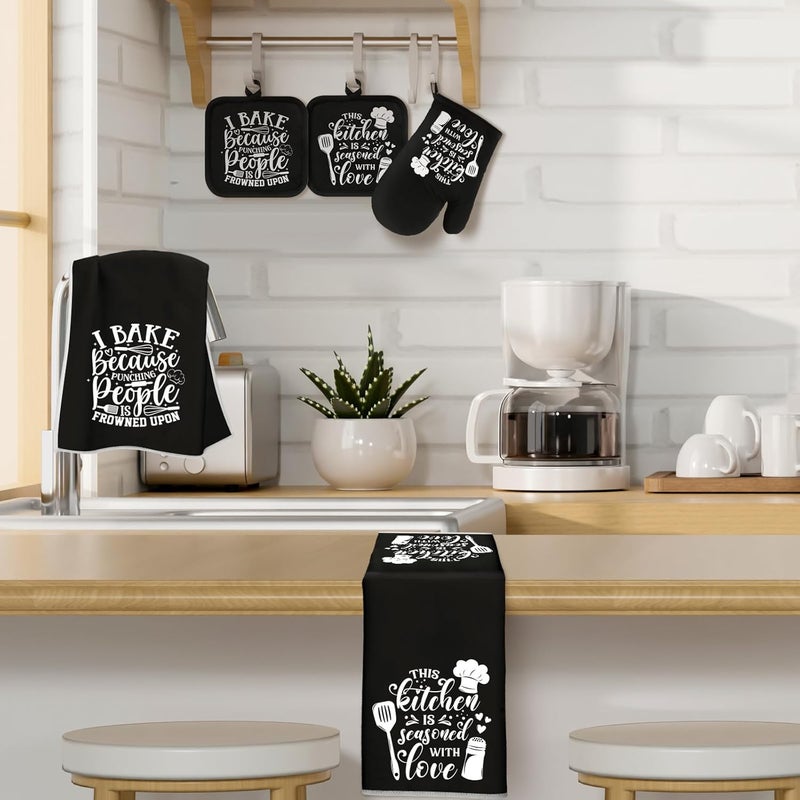 Sratte 6 Pcs Kitchen Decor Accessories Set Farmhouse Towels Pot Holders Oven Mitts Set 2 Dish Towels 2 Potholders 2 Cooking Mittens Oven Glove for Christmas Baking Cooking Supply(Black,Baking) - Image 2