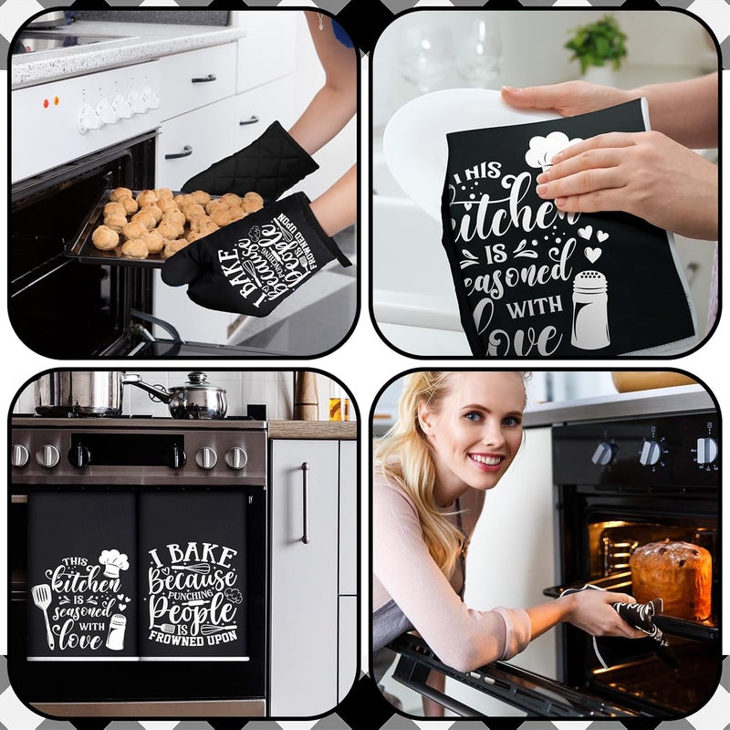 Sratte 6 Pcs Kitchen Decor Accessories Set Farmhouse Towels Pot Holders Oven Mitts Set 2 Dish Towels 2 Potholders 2 Cooking Mittens Oven Glove for Christmas Baking Cooking Supply(Black,Baking) - Image 5