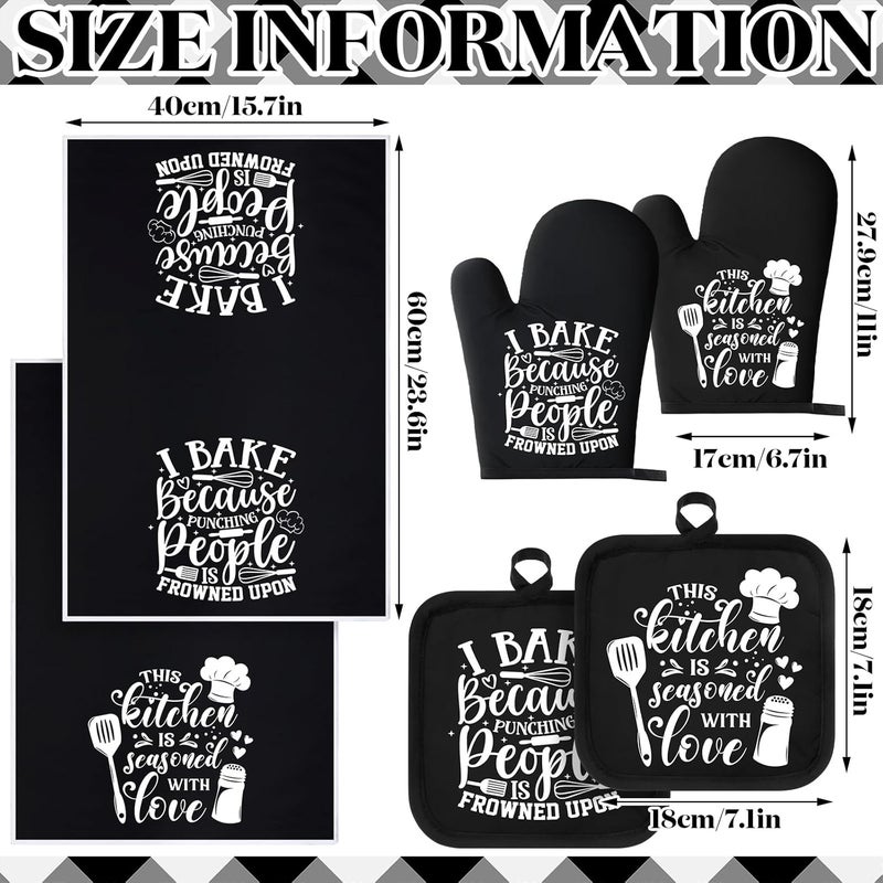 Sratte 6 Pcs Kitchen Decor Accessories Set Farmhouse Towels Pot Holders Oven Mitts Set 2 Dish Towels 2 Potholders 2 Cooking Mittens Oven Glove for Christmas Baking Cooking Supply(Black,Baking) - Image 4