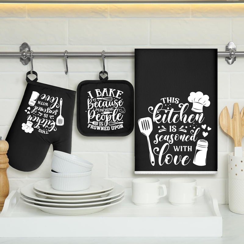 Sratte 6 Pcs Kitchen Decor Accessories Set Farmhouse Towels Pot Holders Oven Mitts Set 2 Dish Towels 2 Potholders 2 Cooking Mittens Oven Glove for Christmas Baking Cooking Supply(Black,Baking) - Image 3