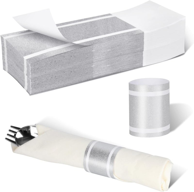 Germiwipe Standard Paper Napkin Band, 200PCS Matte Silver Napkin Ring Self-Adhesive, Silverware Wraps Bands,Table Setup Wedding Event Party Supply (Matte Silver /200pcs) - Image 1