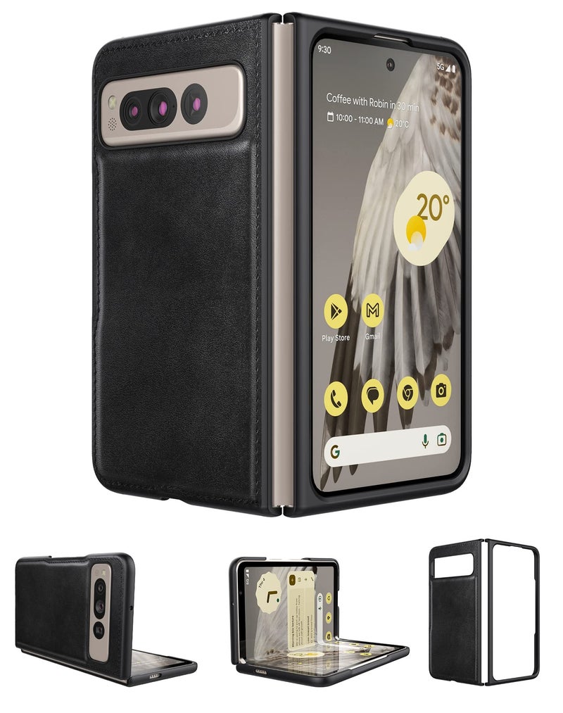Foluu for Google Pixel Fold Case, Leather Case, PU Leather + Hard PC Shell Ultra Thin Slim Durable Protective Phone Case Cover for Google Pixel Fold 2023 (Black) - Image 1