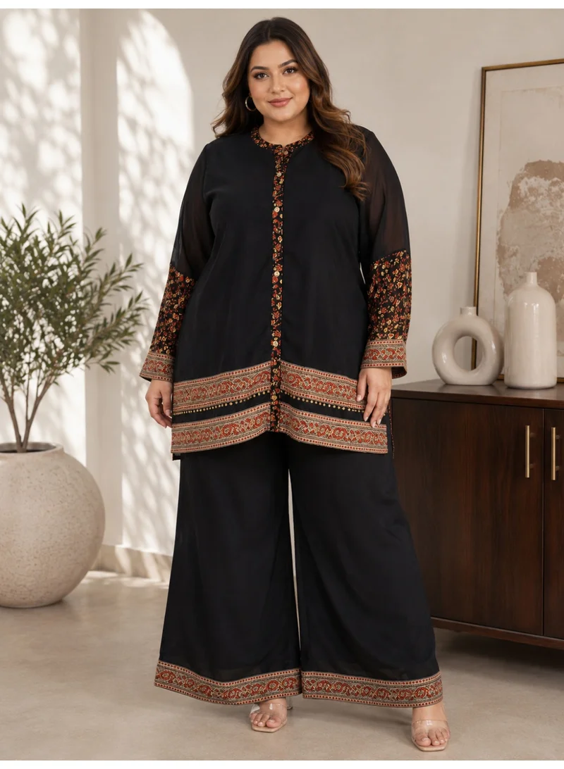 Lehar Women's Black Floral Border Embroidered Chiffon Co-Ord Set