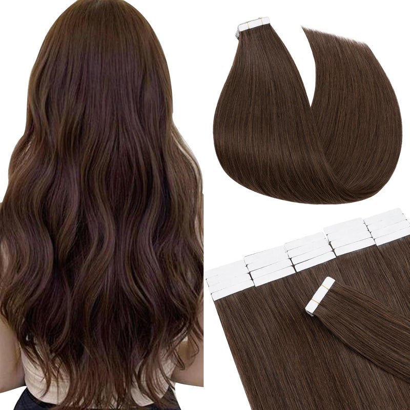 SEGO Tape in Hair Extensions Human Hair 16 Inch Medium Brown 20pcs 50g Straight Natural 100 Remy Rooted Seamless Skin Weft Invisible Double Sided Tape Hair for Women