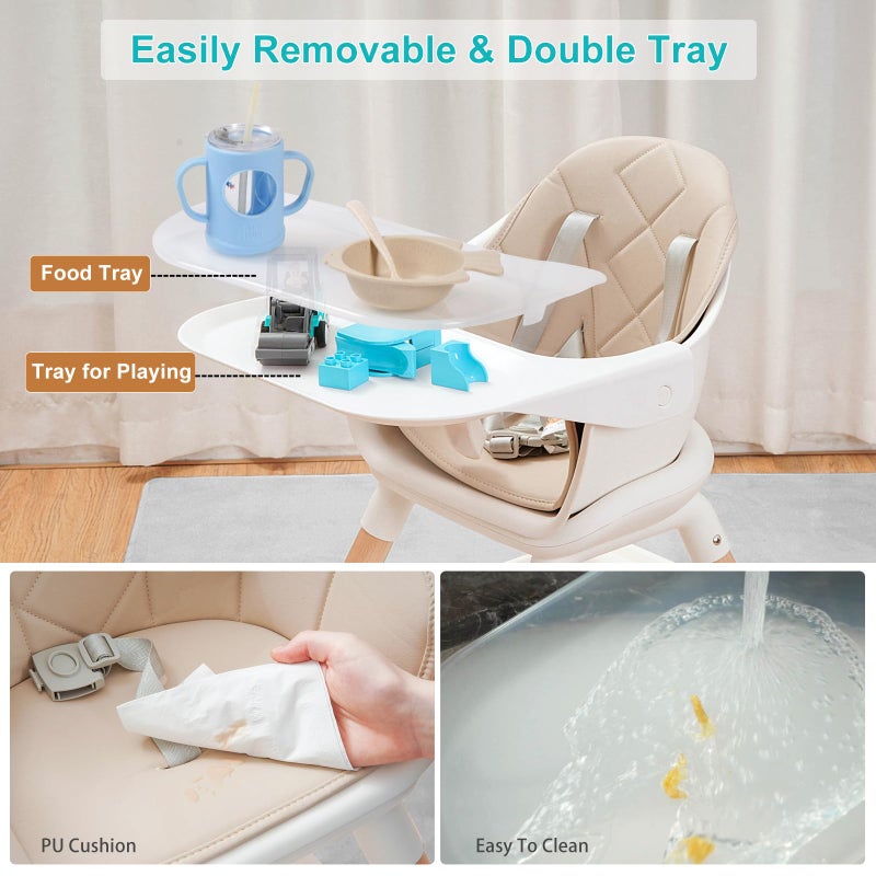 Komcot High Chair, 6 in 1 Wooden Convertible High Chairs for Babies and Toddlers, Booster Seat with Double Tray & Reversible Footrest Baby Highchair, 5-Point Harness Baby Feeding Chair, Beige - Image 4