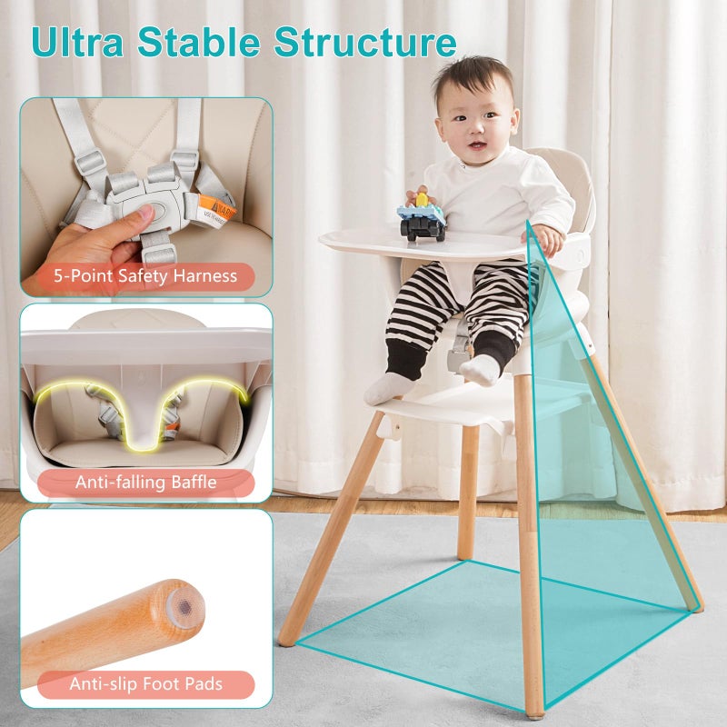 Komcot High Chair, 6 in 1 Wooden Convertible High Chairs for Babies and Toddlers, Booster Seat with Double Tray & Reversible Footrest Baby Highchair, 5-Point Harness Baby Feeding Chair, Beige - Image 5