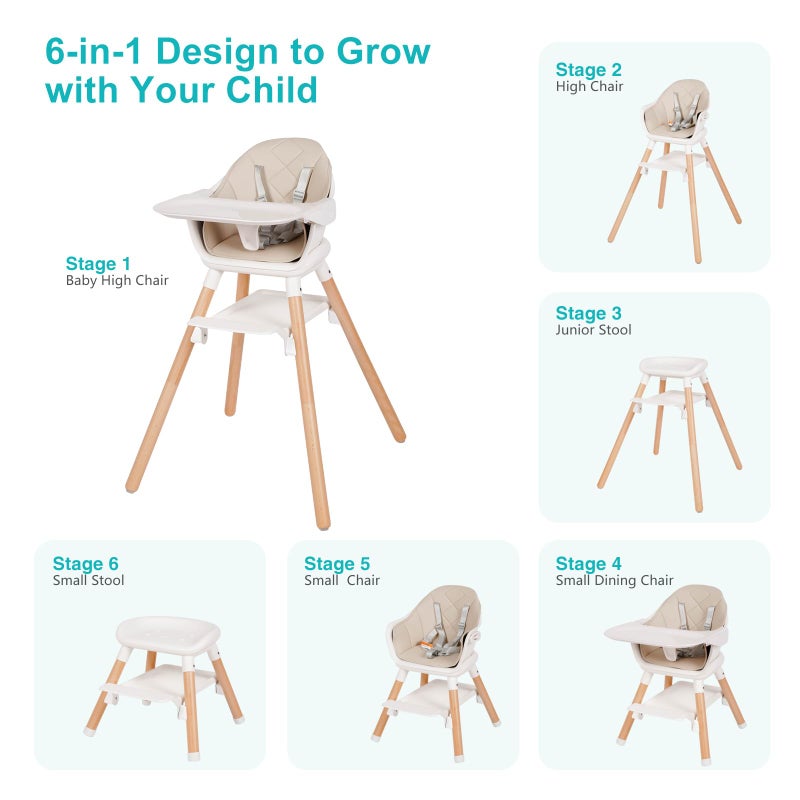 Komcot High Chair, 6 in 1 Wooden Convertible High Chairs for Babies and Toddlers, Booster Seat with Double Tray & Reversible Footrest Baby Highchair, 5-Point Harness Baby Feeding Chair, Beige - Image 2