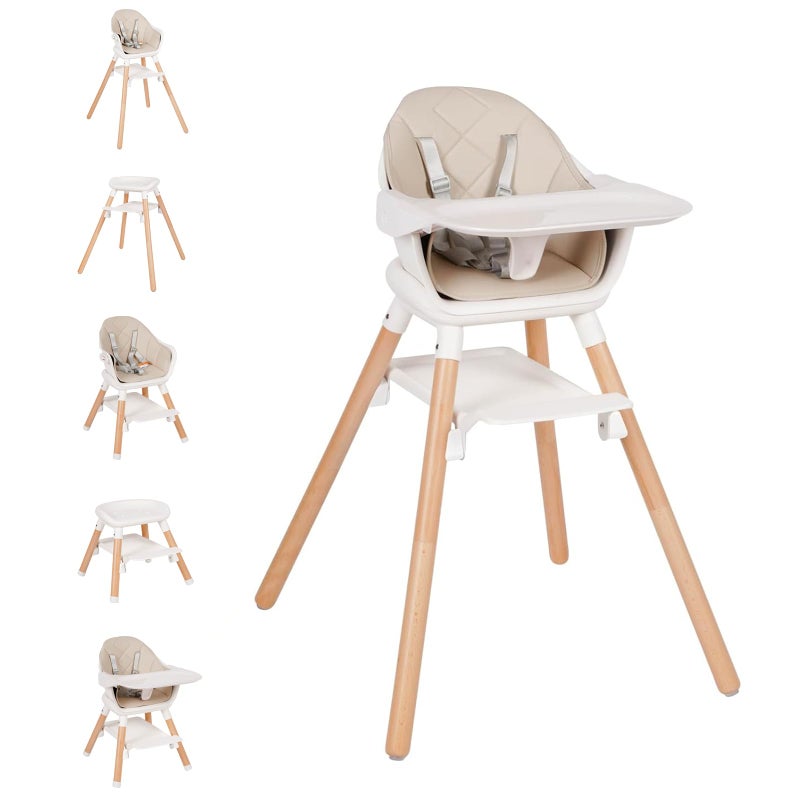 Komcot High Chair, 6 in 1 Wooden Convertible High Chairs for Babies and Toddlers, Booster Seat with Double Tray & Reversible Footrest Baby Highchair, 5-Point Harness Baby Feeding Chair, Beige - Image 1