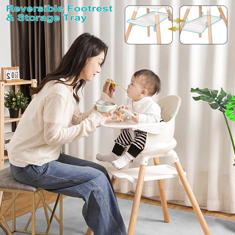 Komcot High Chair, 6 in 1 Wooden Convertible High Chairs for Babies and Toddlers, Booster Seat with Double Tray & Reversible Footrest Baby Highchair, 5-Point Harness Baby Feeding Chair, Beige - Image 3