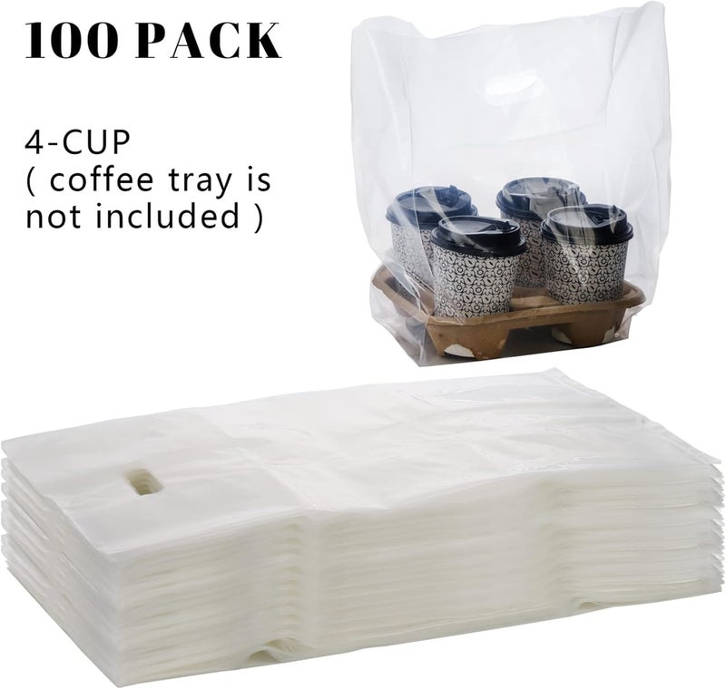 DEAYOU 100 PCS Large Handle Drinking Poly Bag, Clear Cup Carrier for 4-Cup Coffee Tray, 9"L x 17"H Plastic Packaging Bag for Drink Holder, Delivery, Take Out Hanging Hole Food Storage Bag for Beverage - Image 4