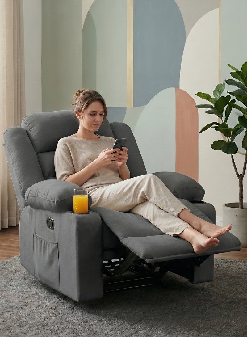 M-Smart Velvet fabric  Fixed Recliner Chair for Living Room - Ergonomic Lazy Boy Chair with Dual Cup Holder & Side Pocket for Long Seating, Reading, Watching TV and Napping, 100x86x89cm - Grey - Image 5