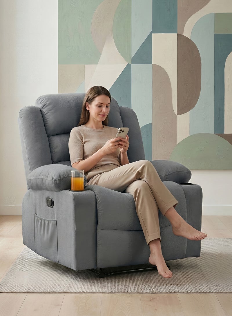 M-Smart Velvet fabric  Fixed Recliner Chair for Living Room - Ergonomic Lazy Boy Chair with Dual Cup Holder & Side Pocket for Long Seating, Reading, Watching TV and Napping, 100x86x89cm - Grey - Image 4