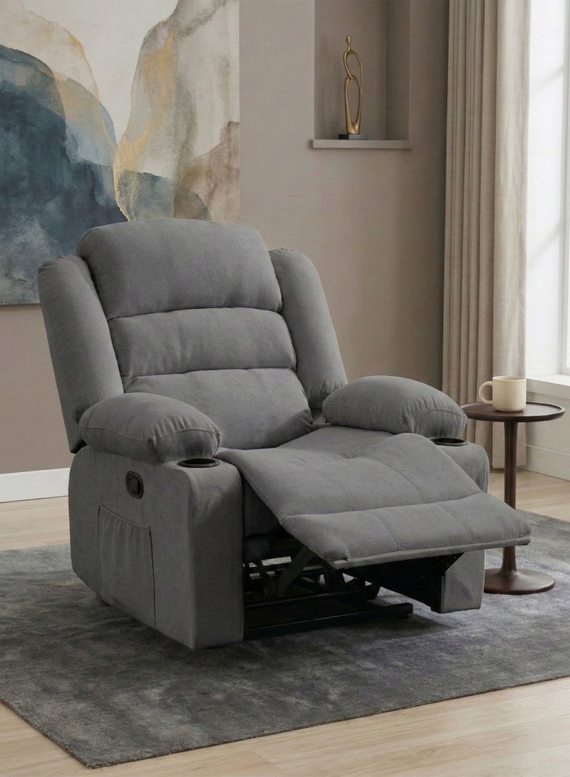 M-Smart Velvet fabric  Fixed Recliner Chair for Living Room - Ergonomic Lazy Boy Chair with Dual Cup Holder & Side Pocket for Long Seating, Reading, Watching TV and Napping, 100x86x89cm - Grey - Image 1