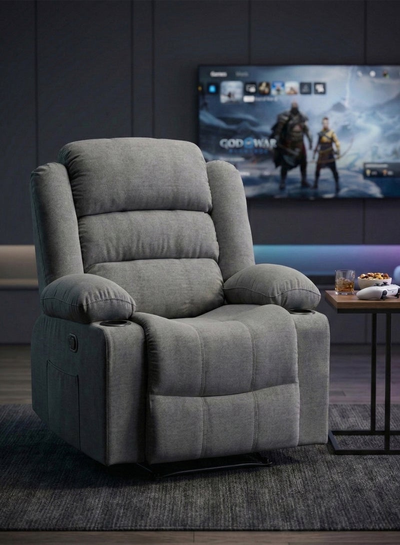M-Smart Velvet fabric  Fixed Recliner Chair for Living Room - Ergonomic Lazy Boy Chair with Dual Cup Holder & Side Pocket for Long Seating, Reading, Watching TV and Napping, 100x86x89cm - Grey - Image 3