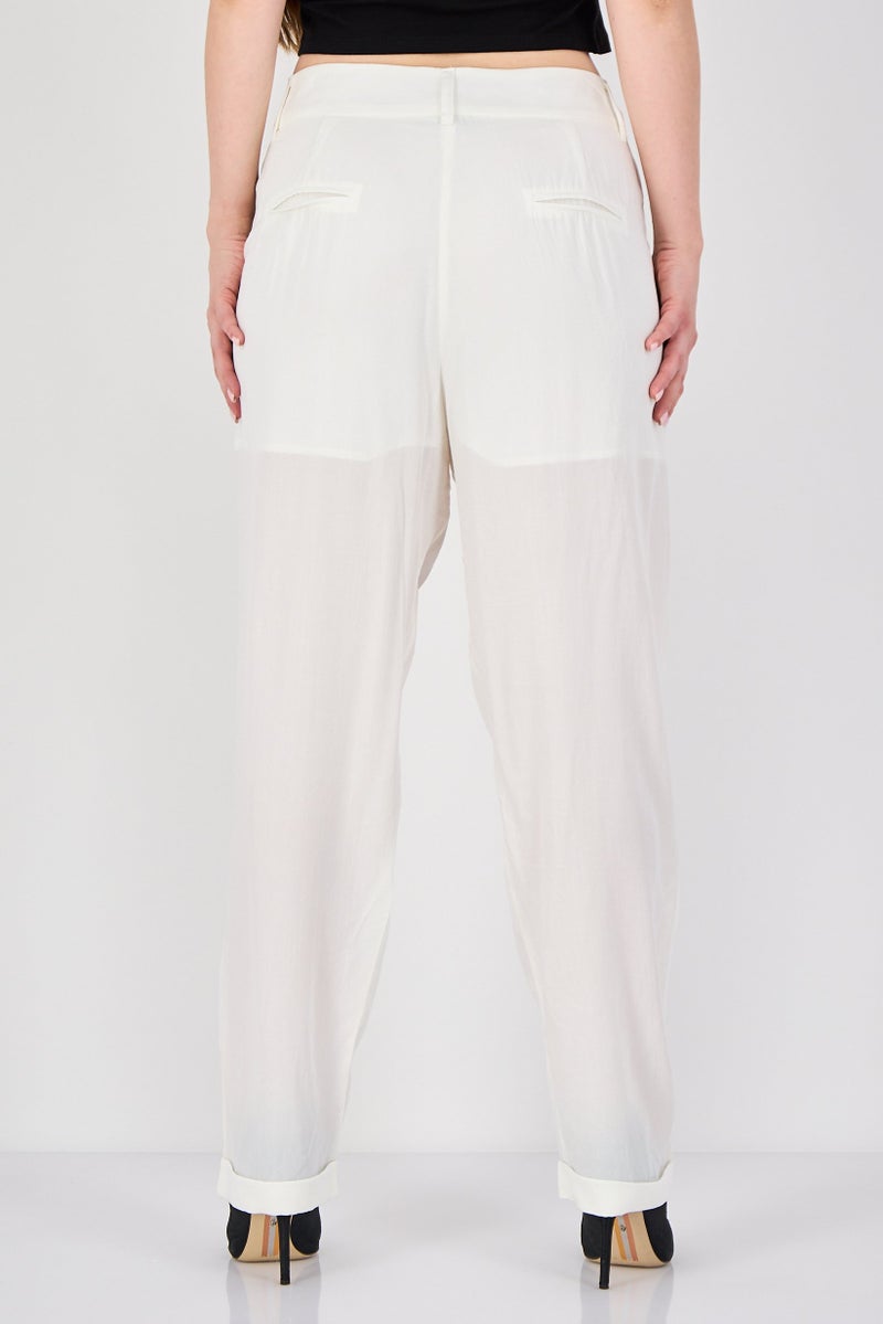 FOREVER 21 Women Regular Fit Plain Straight Leg Pants, Off White - Image 3