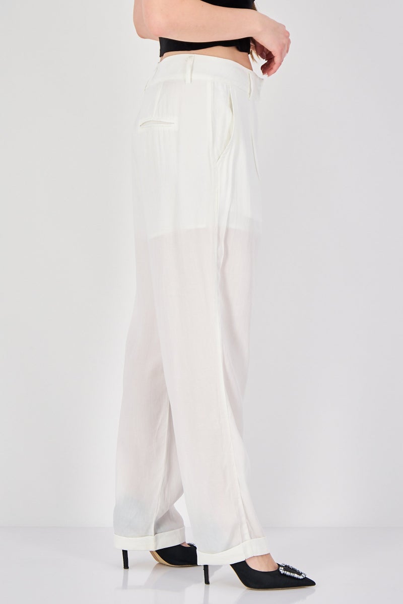 FOREVER 21 Women Regular Fit Plain Straight Leg Pants, Off White - Image 2