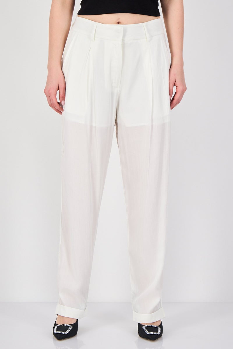 FOREVER 21 Women Regular Fit Plain Straight Leg Pants, Off White - Image 1