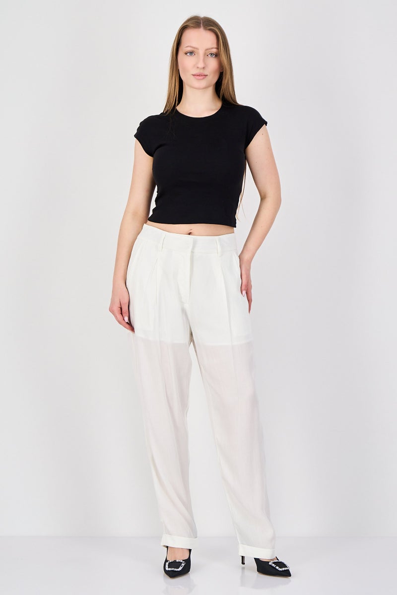 FOREVER 21 Women Regular Fit Plain Straight Leg Pants, Off White - Image 4