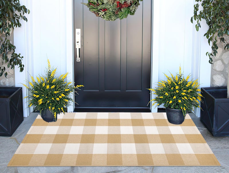 BUAGETUP Khaki and White Outdoor Rug 24''x 51''Checkered Front Porch Mat Cotton Woven Washable Rugs Front Door Mat for Hello/Welcome Mat Entryway,Bedroom,Farmhouse Patio - Image 1