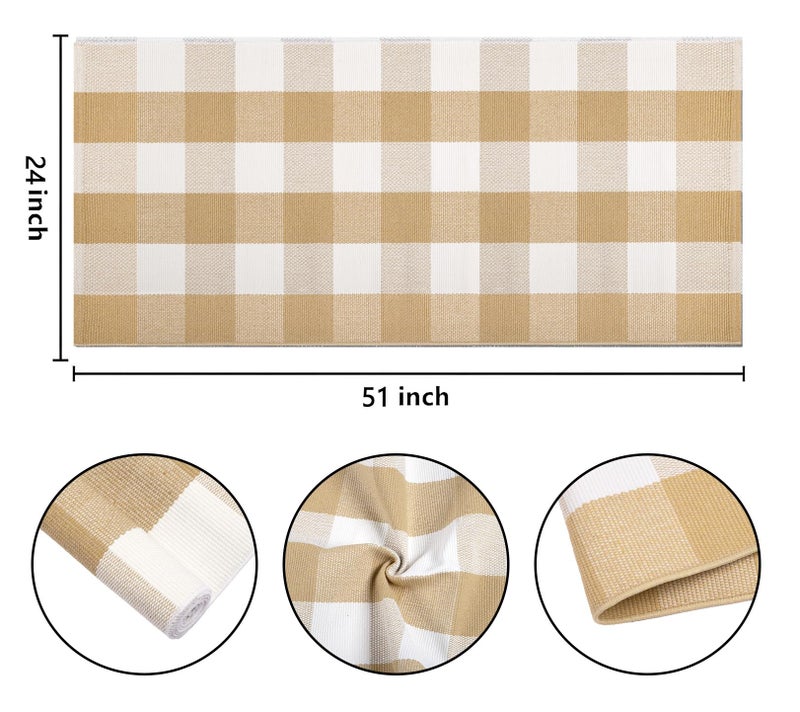 BUAGETUP Khaki and White Outdoor Rug 24''x 51''Checkered Front Porch Mat Cotton Woven Washable Rugs Front Door Mat for Hello/Welcome Mat Entryway,Bedroom,Farmhouse Patio - Image 2