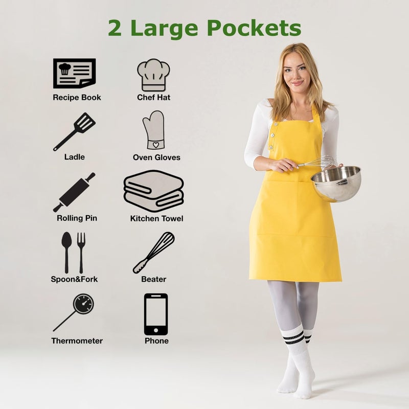 TOSHE Kitchen Apron Waterdrop Resistant Cotton Apron with adjustable Aprons for Women with Pockets 10 Color option Cooking Yellow Apron (Yellow) - Image 1