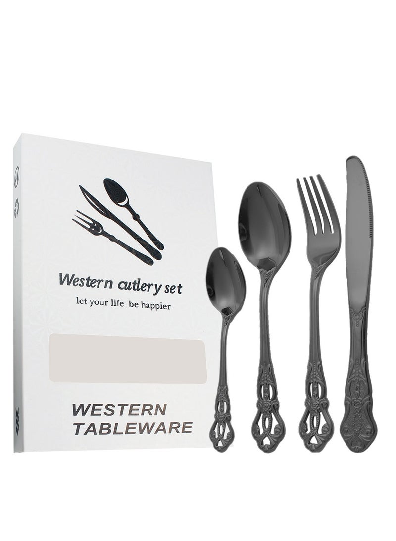 KUYING New Relief 24 Piece Set of Gold-Plated Stainless Steel Western Dining Knife Fork Tableware Set 