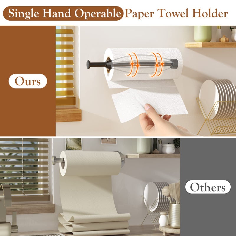 Winproper Paper Towel Holder Under Cabinet, Single Hand Operable Wall Mount with Damping Effect, Self-Adhesive or Drilled Paper Roll Holders for Kitchen, Bathroom, RV(2 Towel Robe Hooks) - Image 2
