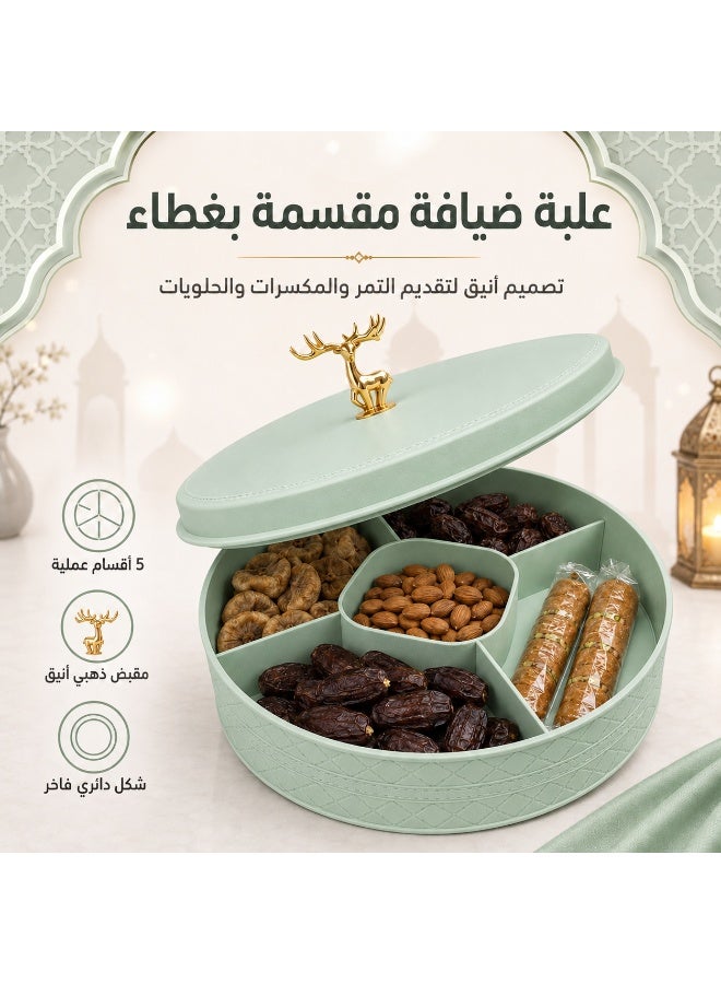 Round Snack Serving Tray with Lid – 5-Compartment Nut & Date Organizer with Gold Handle - Image 4