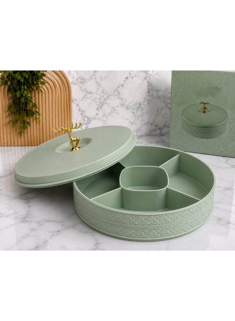Round Snack Serving Tray with Lid – 5-Compartment Nut & Date Organizer with Gold Handle - Image 1