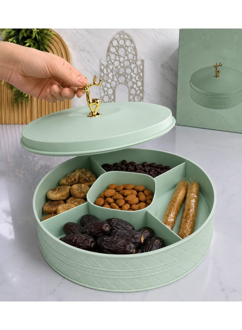 Round Snack Serving Tray with Lid – 5-Compartment Nut & Date Organizer with Gold Handle - Image 3