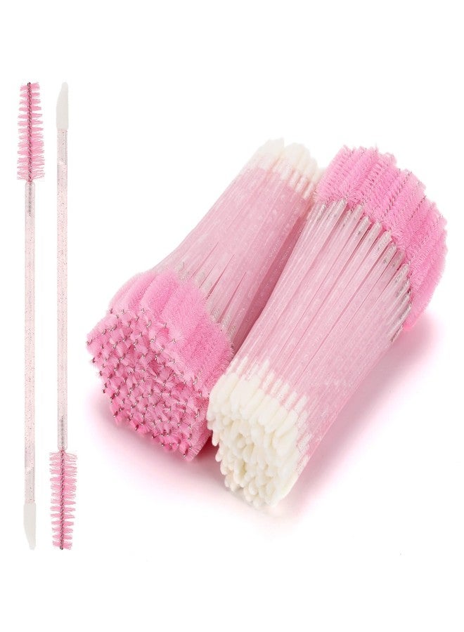 Tbestmax 200 Pcs Disposable Mascara Wands Dual Ended Eyelash Brush Lip Brush, Pink Lipstick Applicator Eyebrow Spoolies Brush for Eyelash Extensions - Image 1