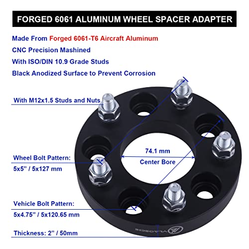 VLAOSCHI Black Forged 5x4.75 to 5x5 Wheel Adapters 2 Inch with 12x1.5 Studs Compatible with Chevy GMC 5 Lug 5x120.65 to 5x127 Adapter for Camaro Corvette Blazer El Camino S10 Jimmy Sonoma - Pack of 4 - Image 5