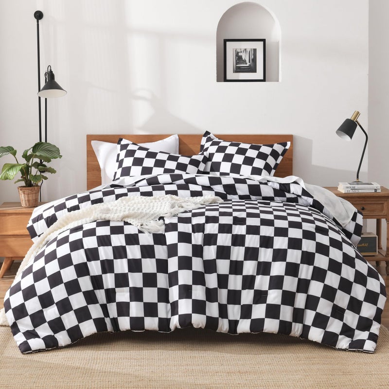 Andency Checkered Comforter Queen(90x90Inch), Black White Plaid Gingham Buffalo Grid Bed Set for Boys Kids Teens, 3 Pieces Lightweight Microfiber Geometric Preppy Bedding - Image 1