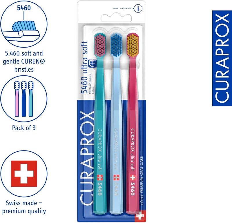 CURAPROX CS 5460 Ultra Soft Toothbrush – Adult Teeth & Gum Care | Curen Ultra-Soft Bristles For Gentle Cleaning | Turquoise, Light Blue, Magenta, Individually Wrapped - Image 1