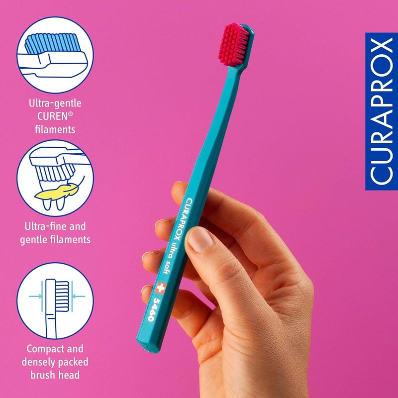 CURAPROX CS 5460 Ultra Soft Toothbrush – Adult Teeth & Gum Care | Curen Ultra-Soft Bristles For Gentle Cleaning | Turquoise, Light Blue, Magenta, Individually Wrapped - Image 2
