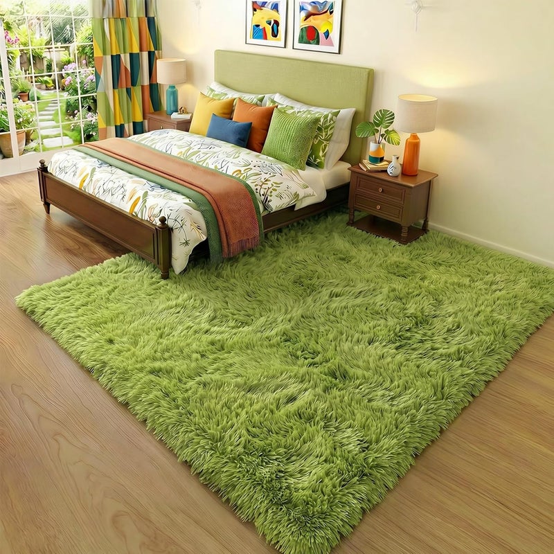 Amdrebio Grass Green Area Rug for Bedroom,5'X7',Fluffy Shag Rug for Living Room,Furry Carpet for Kids Room,Shaggy Throw Rug for Nursery Room,Fuzzy Plush Rug,Green Carpet,Rectangle,Cute Room Decor for Baby - Image 3