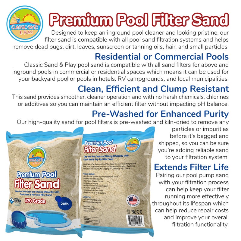 CLASSIC SAND & PLAY Swimming Pool Filter Sand for Above & Inground Pools, 20 lbs, Supports Residential and Commercial Filtration Systems, Premium Efficient Silica, No Clogging or Clumping, #20 Grade - Image 2