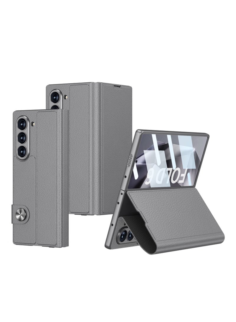 LEEKA Samsung Galaxy Z Fold 6 Foldable Leather Case with Premium Genuine Leather Finish, Shockproof Foldable Design, and Full Body Protection - Ultra Slim and Durable - Grey - Image 1