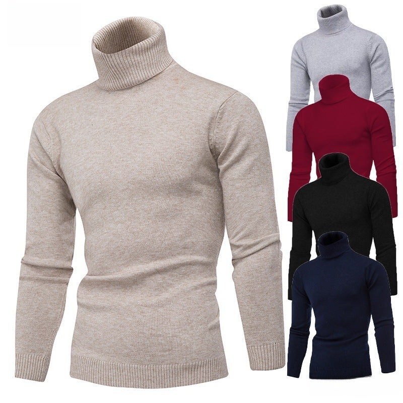 2022 Winter New Mens Solid Color High Neck Slim-fit Korean Style Youth Fashion Casual Sweater Knitted Base Shirt for Men Wine red