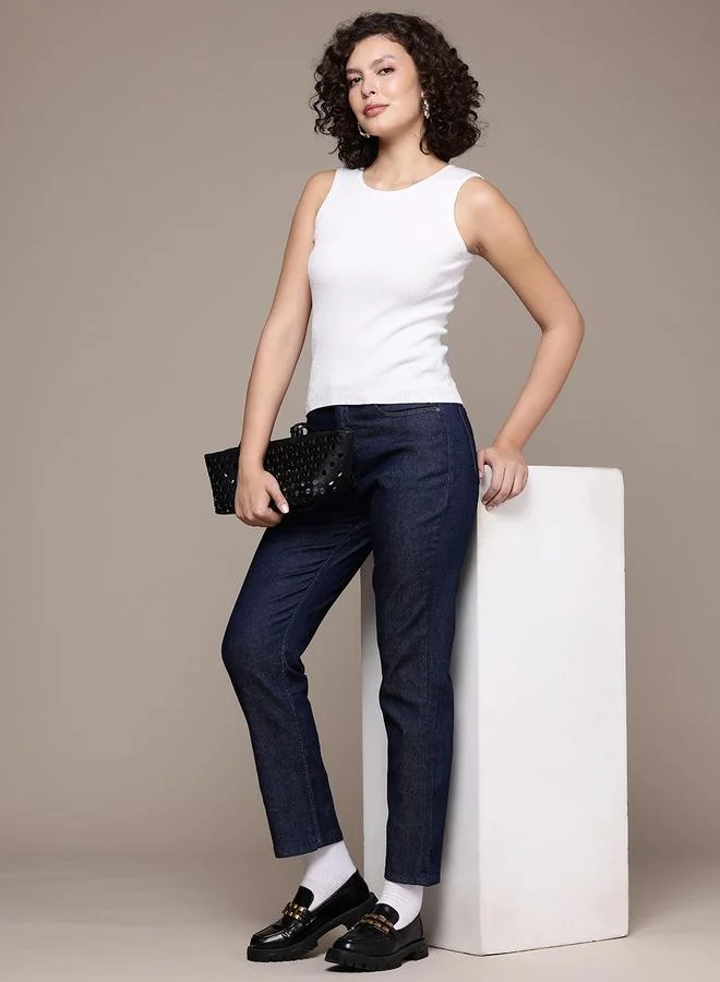 Freehand Dark Blue Freehand Women Mid Rise Straight Fit Solid Jeans for Women | Best Price UAE