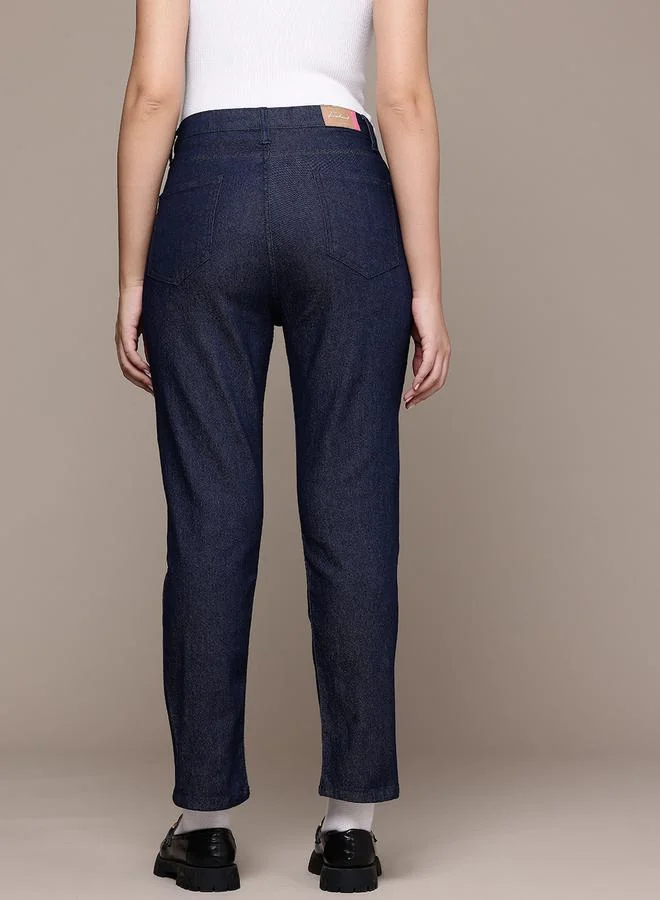 Freehand Dark Blue Freehand Women Mid Rise Straight Fit Solid Jeans for Women | Best Price UAE