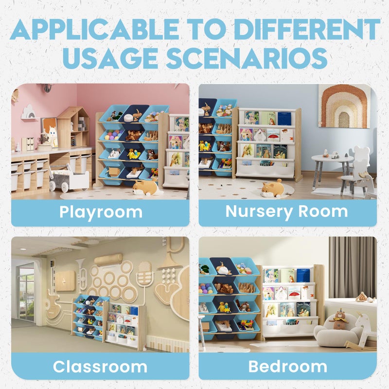 EXPERLAM Kids Toy Storage Organizer - Toy Storage with Bookshelf, Toy Organizer with 12 Blue Bins and 4 Book Shelves, Toy Organizers and Storage for Playroom, Nursery, Kids Room, Burlywood - Image 5
